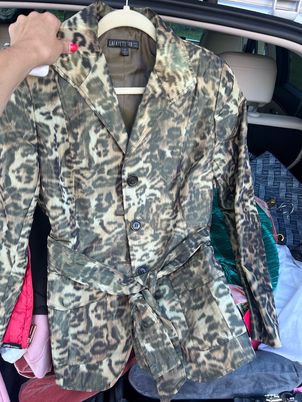 Lafayette 148 New York Olive and Brown Leopard-Print Belted Blazer
